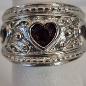 Ornate Carved  Sterling Silver Size 5 Multi Heart Ring with Red Accents